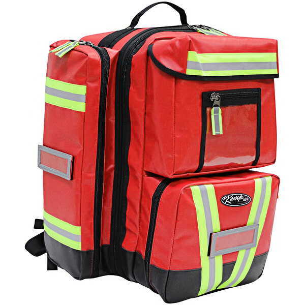 A red backpack with reflective tape and yellow stripes.