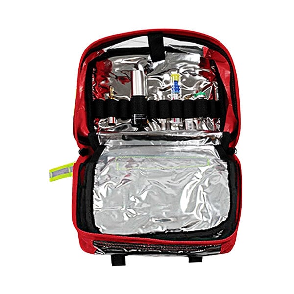 A red and silver Kemp USA EMS Drug Pouch.