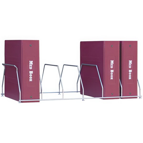 A group of red Omnimed wire binders on a metal rack.