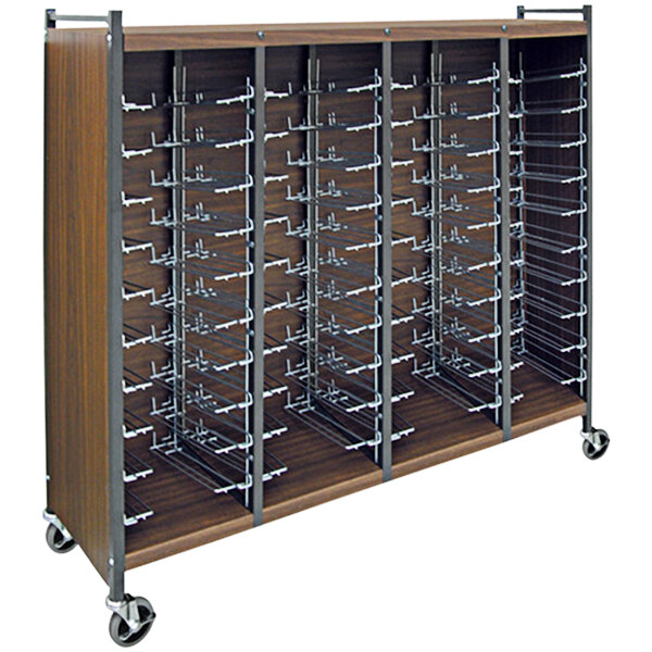 A large wooden Omnimed Omnicart with metal shelves.