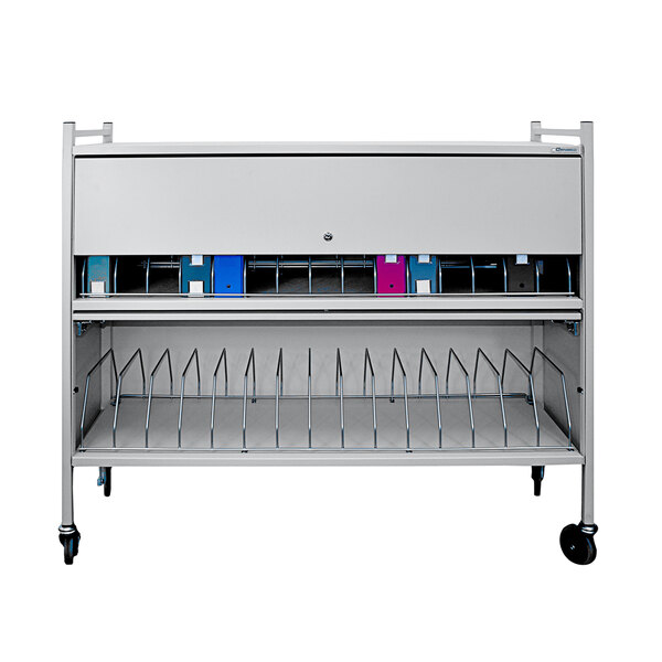 A light gray metal cart with locking doors and a shelf.