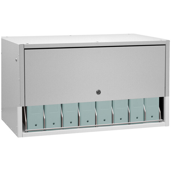 A light gray metal Omnimed file rack with cubbies for 8 binders.