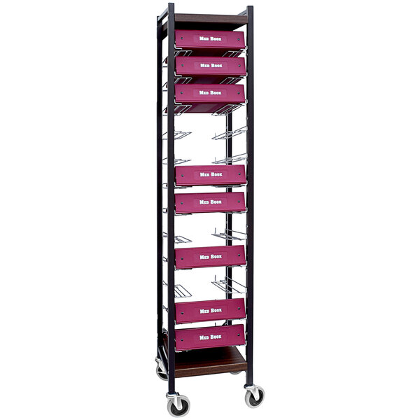 An Omnimed woodgrain rolling cart with twelve purple binder holders.