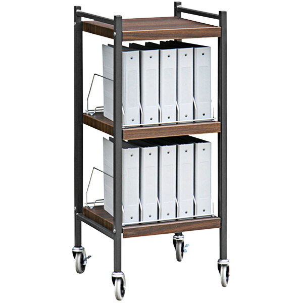 An Omnimed woodgrain open cart with shelves holding binders.