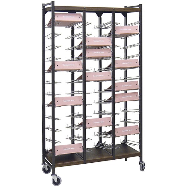 An Omnimed woodgrain metal cart with binder storage shelves.