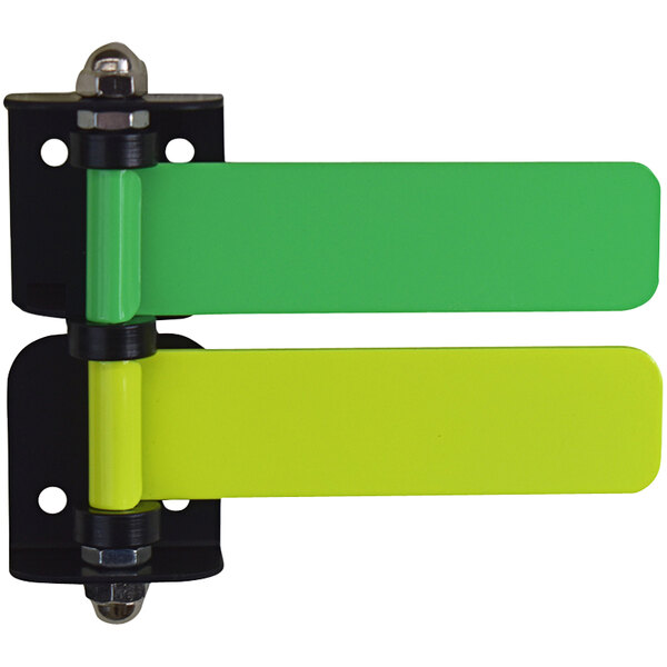 A pair of yellow and green metal hinges.