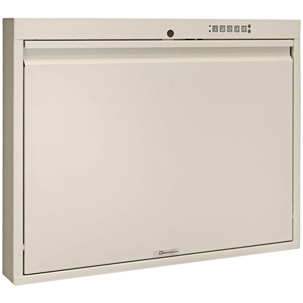 A beige rectangular wall desk with a door and a lock.