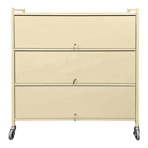 A beige metal cabinet with wheels.