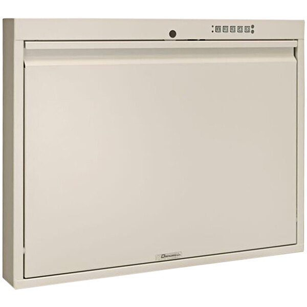 A beige wall desk with a door and lock.