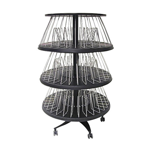 A black round Omnimed mobile carousel with three tiers of metal rods.