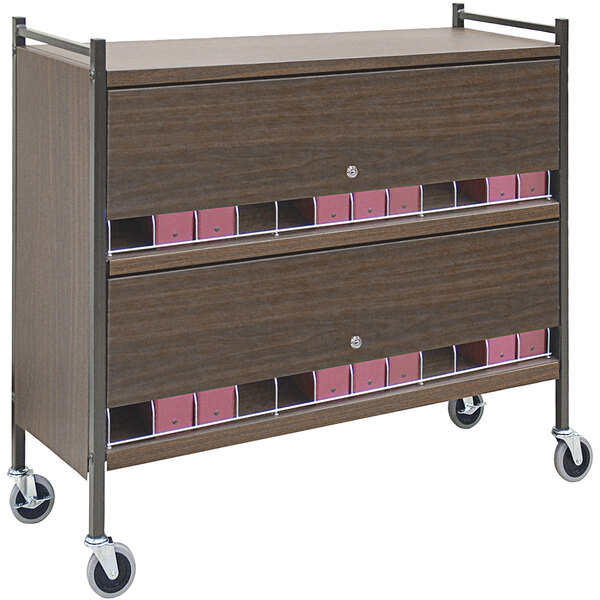 An Omnimed woodgrain horizontal medical cart with locking panels.