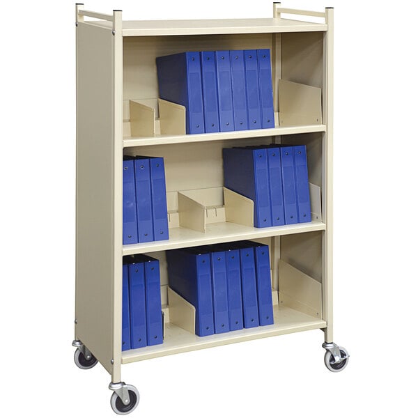 An Omnimed beige cabinet rack with blue folders on it.