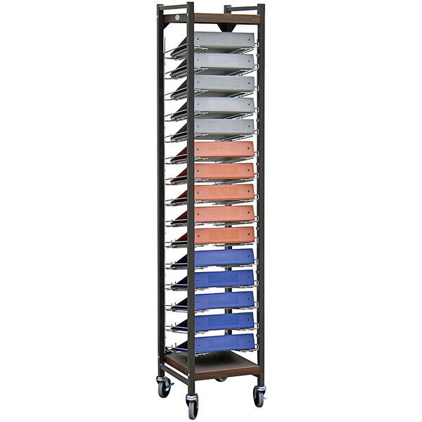 An Omnimed woodgrain cart with 15 open binder storage shelves.