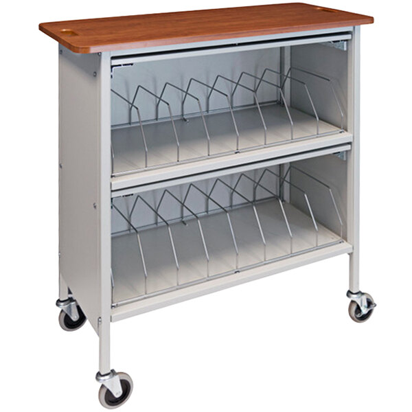 An Omnimed light gray metal cart with cherry wood shelves and wheels.