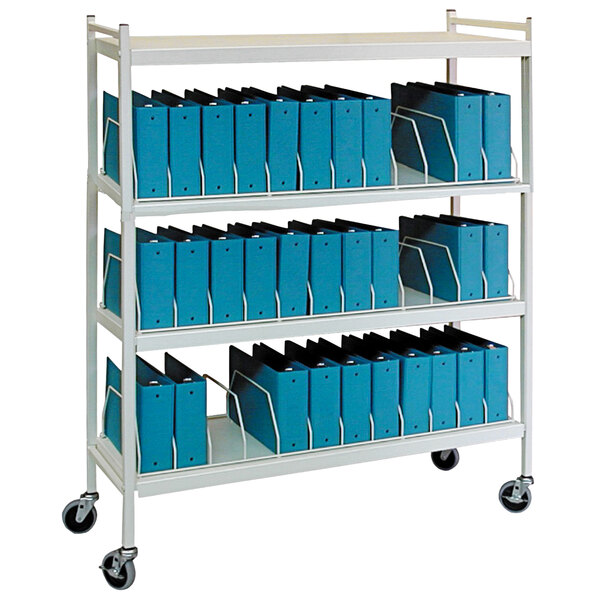 A white Omnimed metal cart with blue file folders on shelves.