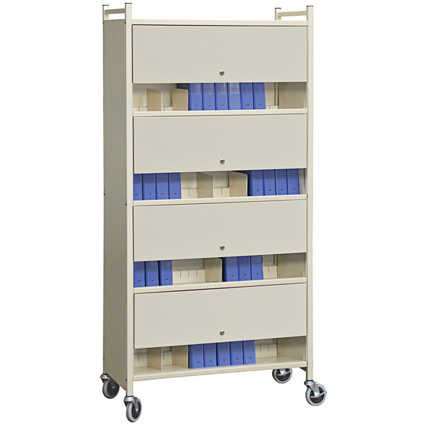 A beige metal cabinet shelf with locking panels.