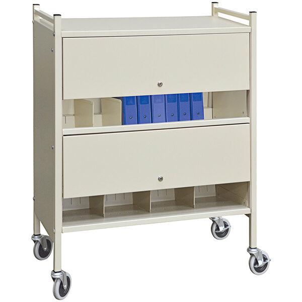 A beige metal cabinet cart with 2 shelves and locking doors.