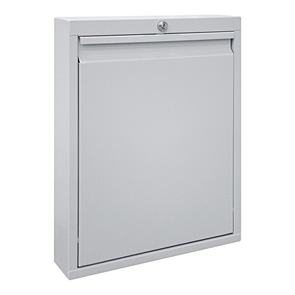 A light grey metal wall desk with a key lock.