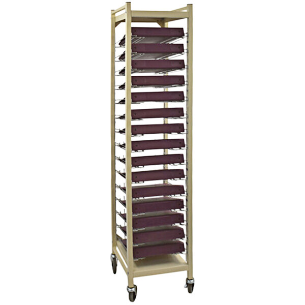 An Omnimed beige metal cart with flat storage for 15 binders.