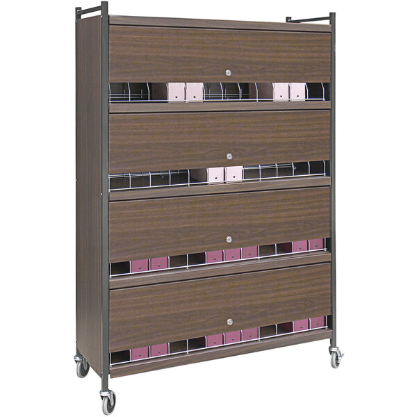 An Omnimed woodgrain cart with locking panels on wheels.