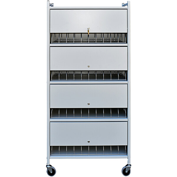 An Omnimed light gray metal cart with 40 vertical binder drawers.