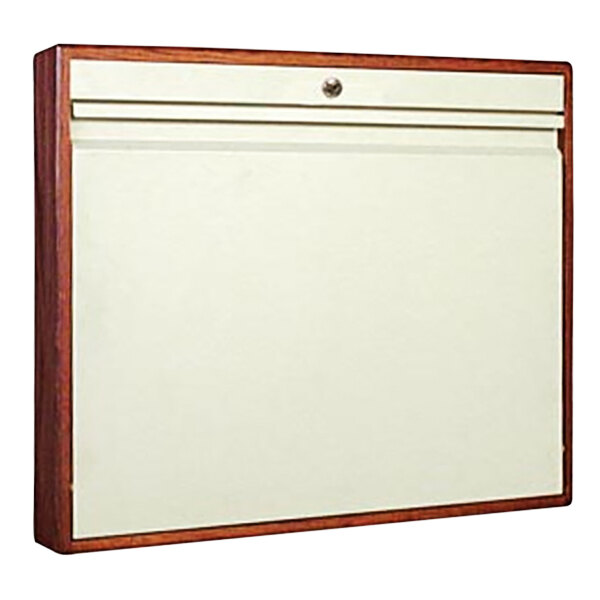 A cherry wood wall desk with a key lock.