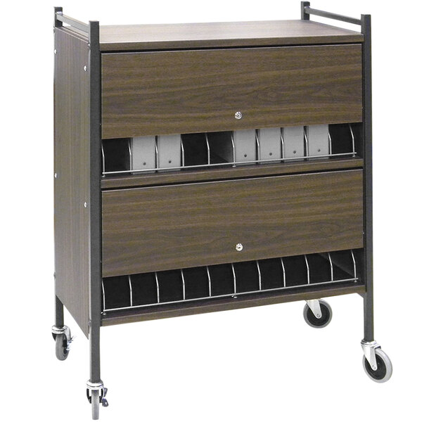 An Omnimed woodgrain cart with brown wood panels and black metal shelves.