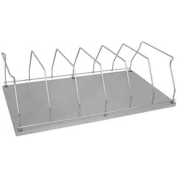 An Omnimed stainless steel countertop storage rack with six sections and six metal legs with pegs.