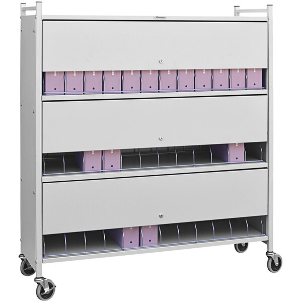 A light gray metal cart with purple bins on it.