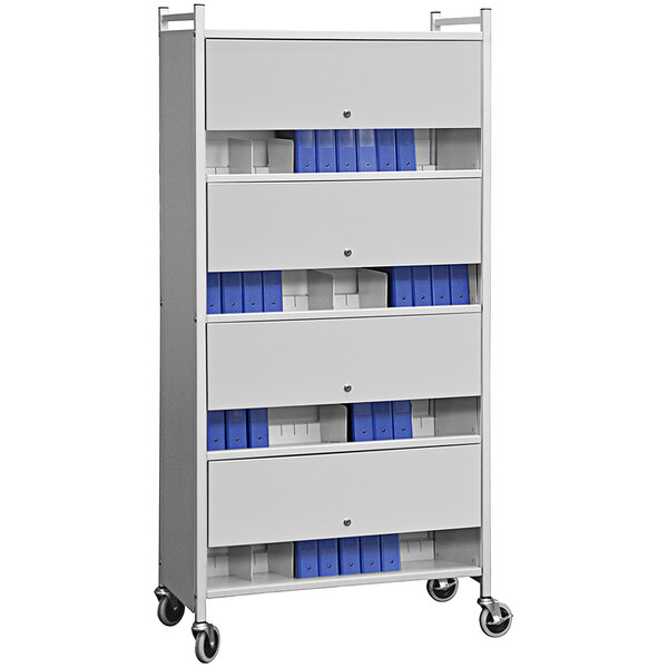 A light gray metal cabinet cart with locking doors.