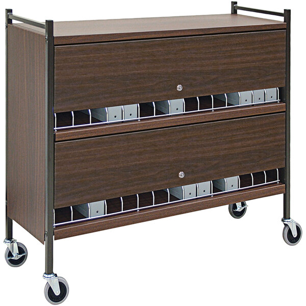 An Omnimed woodgrain cabinet with metal shelves on wheels.