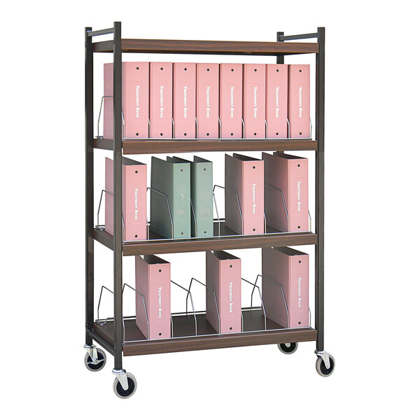 An Omnimed woodgrain cart shelf with pink binders on it.