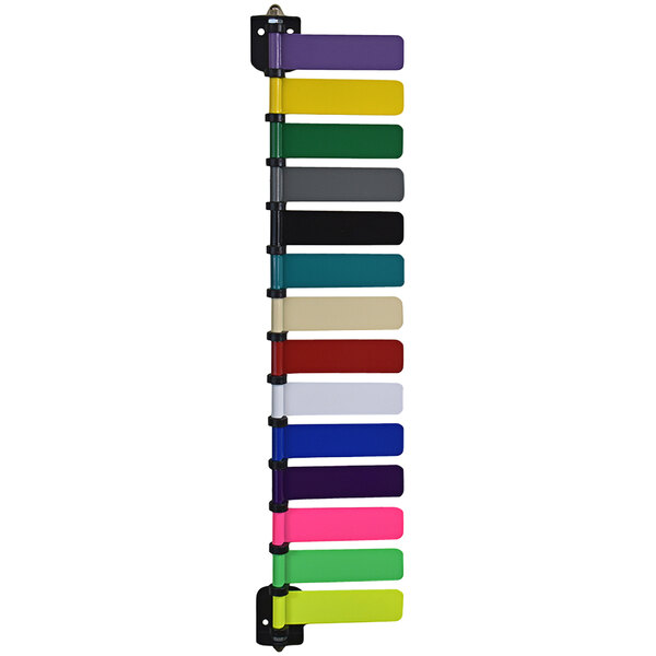 An Omnimed metal rack with 14 rectangular colored flags.