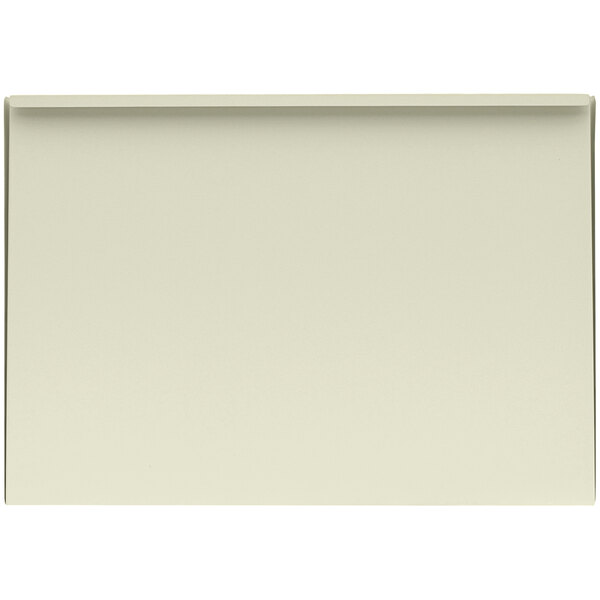 A beige rectangular wall desk with a black border.