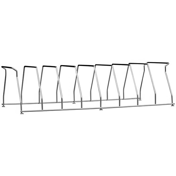 A close-up of a metal rack with eight metal wire binders.