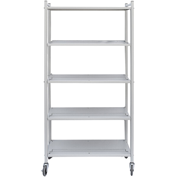 A light gray metal Omnicart with four open vertical shelves on wheels.