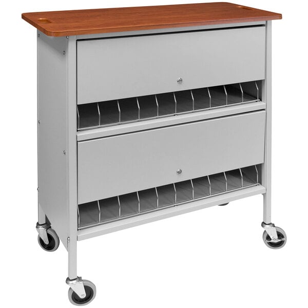 A light gray metal Omnimed chart rack cart with a cherry wood top.