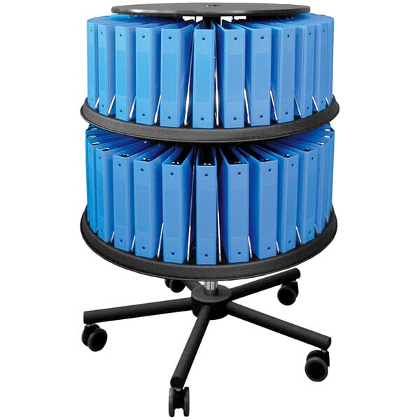 A blue Omnimed mobile carousel with a white stripe on the pole holding blue binders.