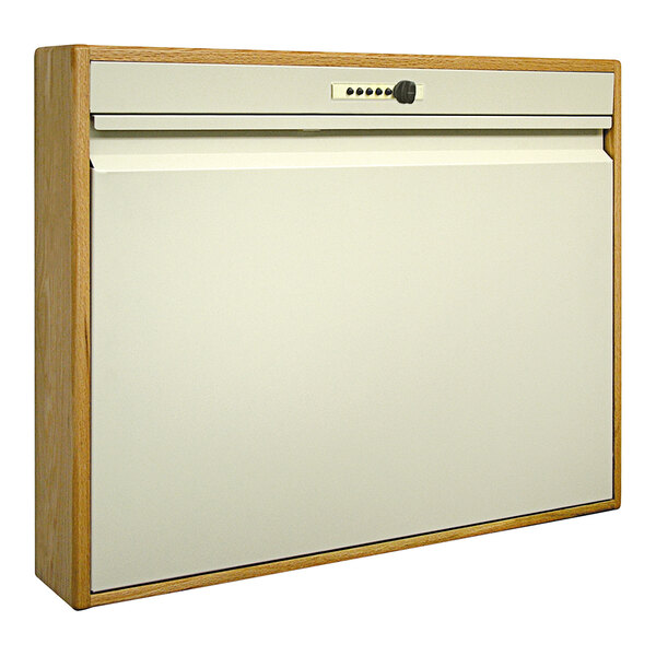 An oak wood wall desk with a lock.