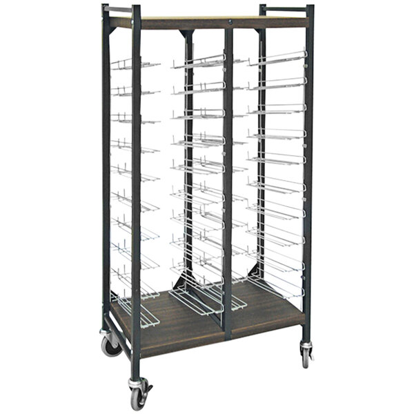 An Omnimed woodgrain medical cart with shelves on wheels.