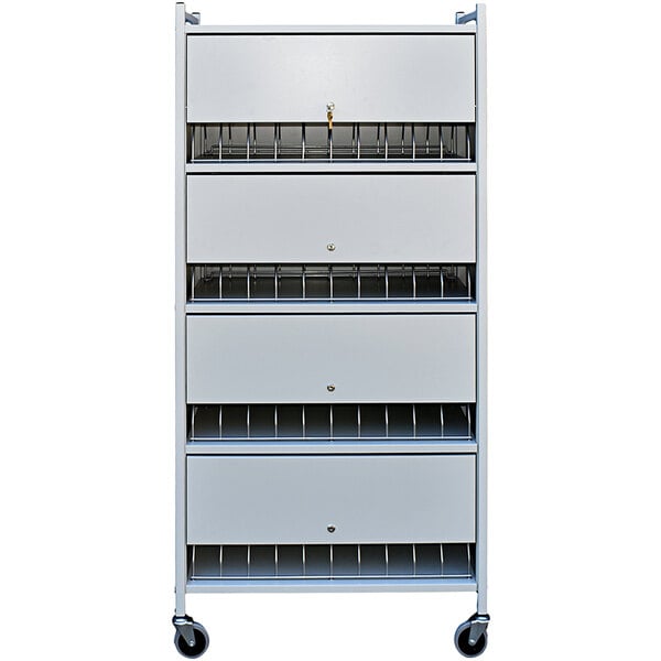 An Omnimed light gray metal cart with locking doors and drawers.