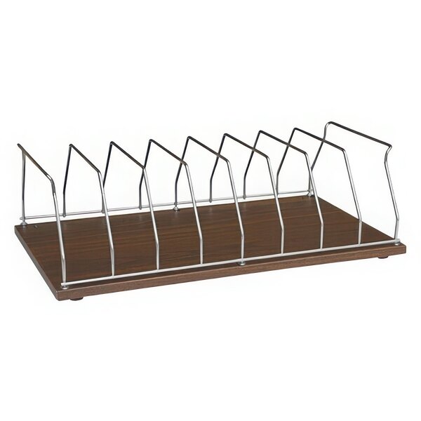 A woodgrain Omnimed countertop storage rack with metal racks on a wood surface.