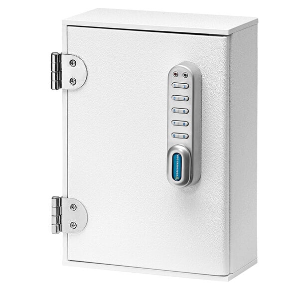 A white Omnimed patient security cabinet with an electronic lock.