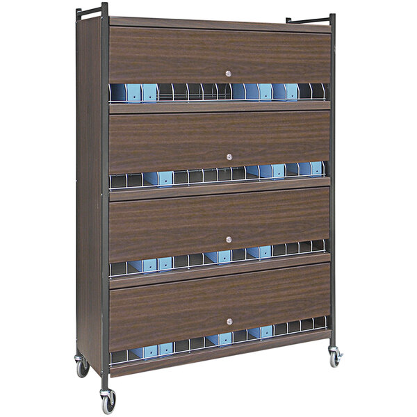 A brown wooden Omnimed cabinet with locking panels and blue drawers.