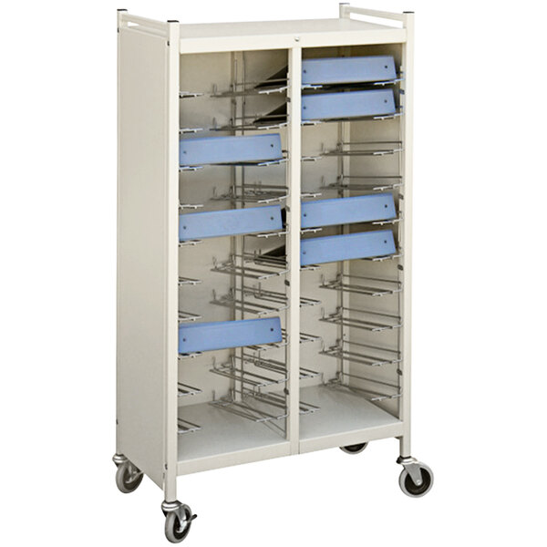 A beige Omnimed closed cart with shelves and blue drawers.