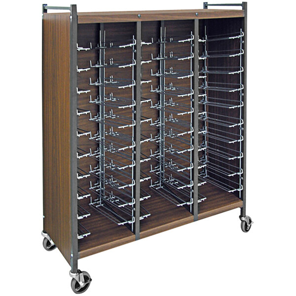 An Omnimed woodgrain medical cart with metal shelves.