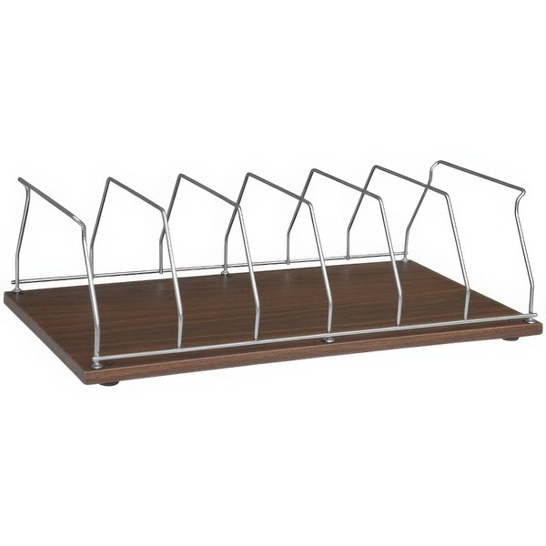 A woodgrain Omnimed countertop rack with six metal sections.