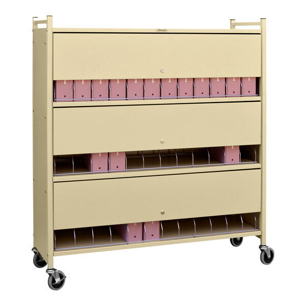 A beige metal cart with locking panels and several beige drawers.