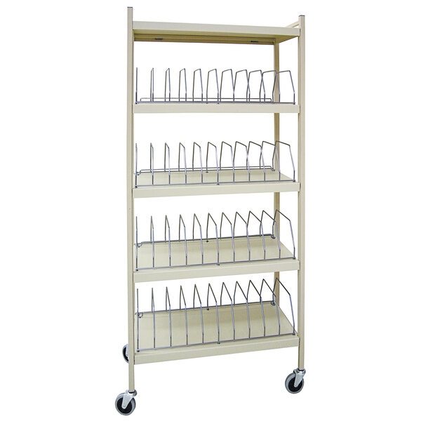 A beige metal cart with 40 vertical binder shelves.