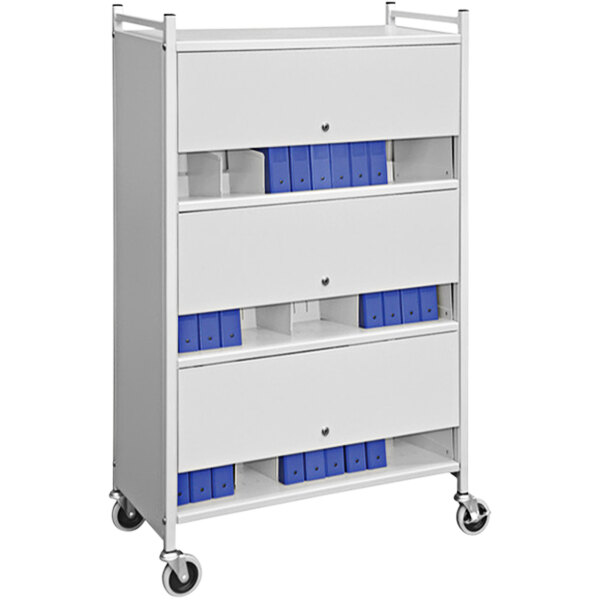 A light gray Omnicart with blue folders on it.
